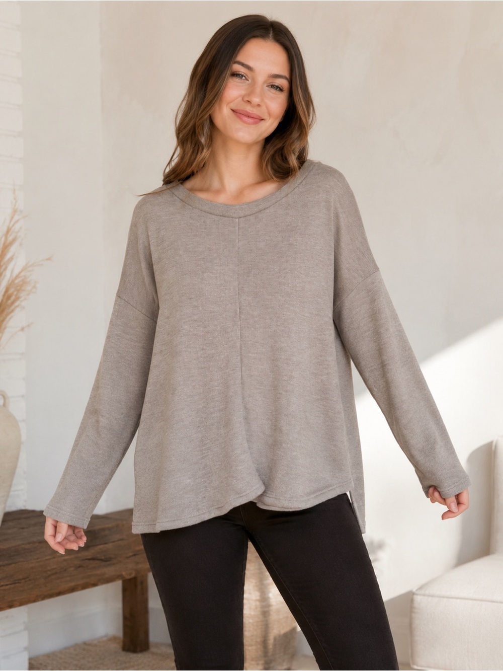 Cherish Beige Boxy Drop Shoulder Fine Knit Pullover Top - Medium